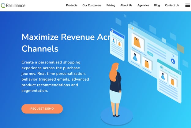 Barilliance webpage that is a dark blue gradient with orange calls to action and an animated woman looking at animated computer screens that read Maximize Revenue Across Channels Request a Demo